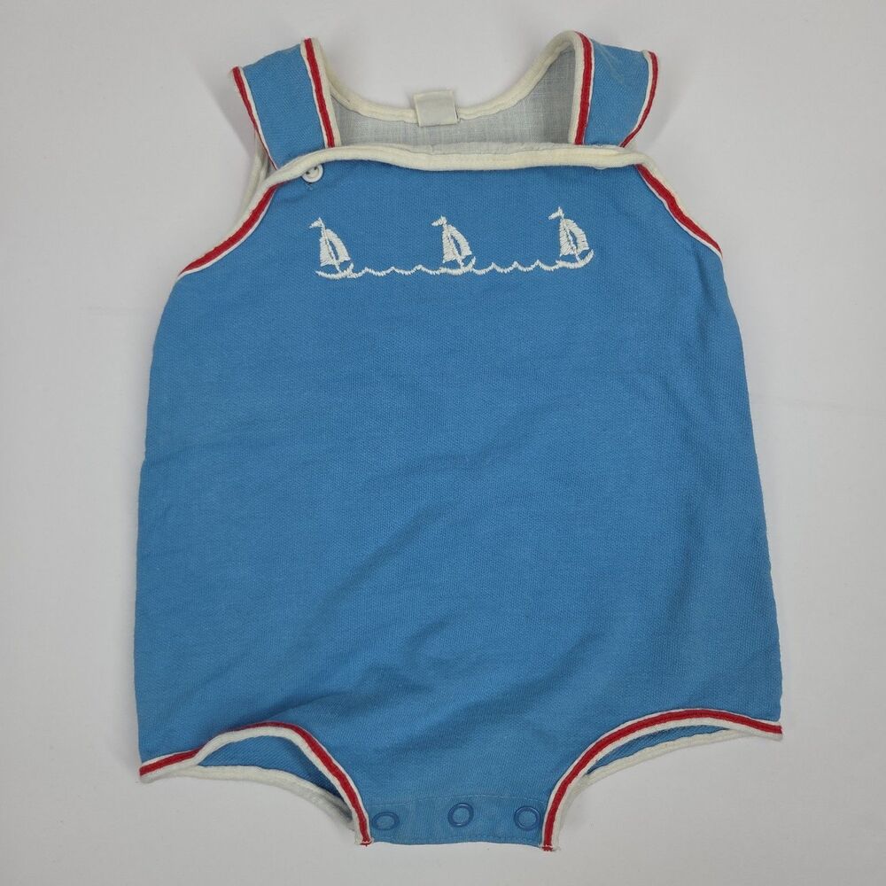 Vtg 70s Carters Blue Romper Embroidered Sailboat 3 Months